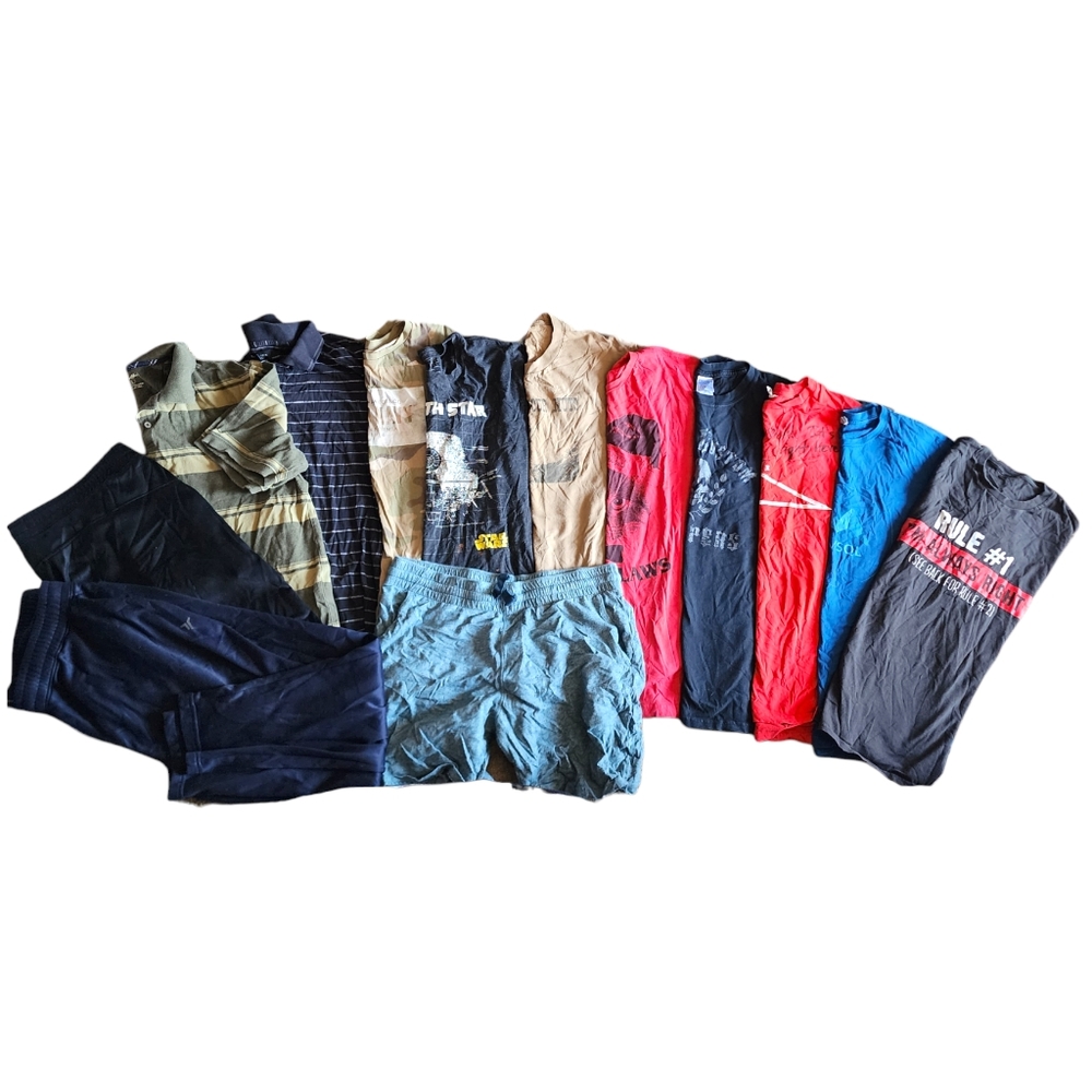 Men's not so mystery bundle size large 10 shirts 2 joggers 1 pair of shorts